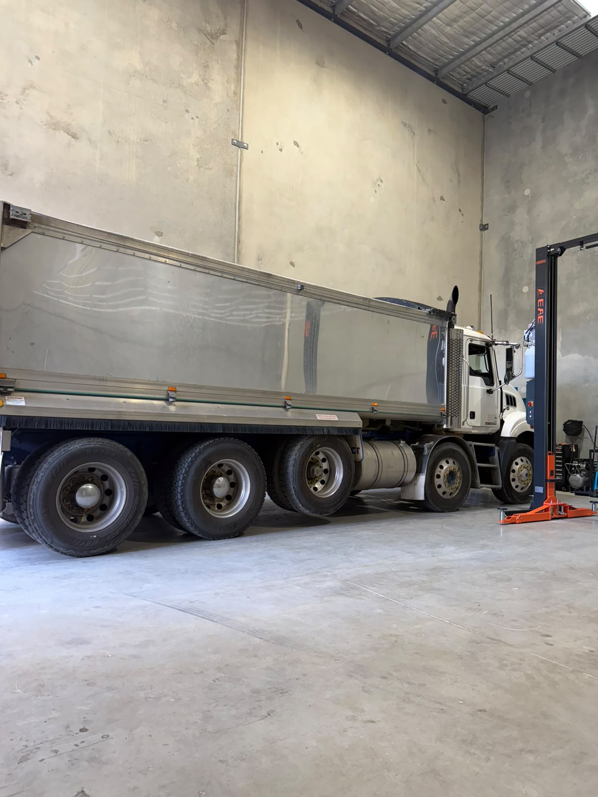 Heavy tipper truck in for repairs