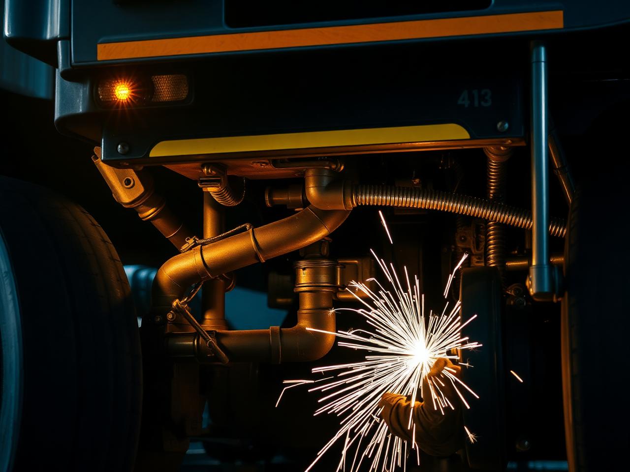 Mechanic welding beneath a heavy truck chassis