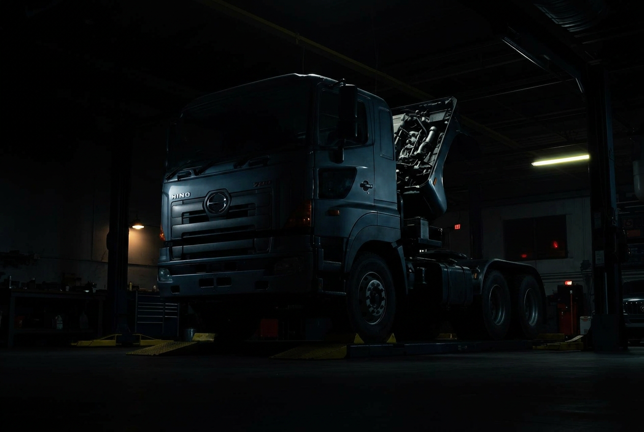 Heavy 4x4 raised on hoist inside Axie Autoworks workshop